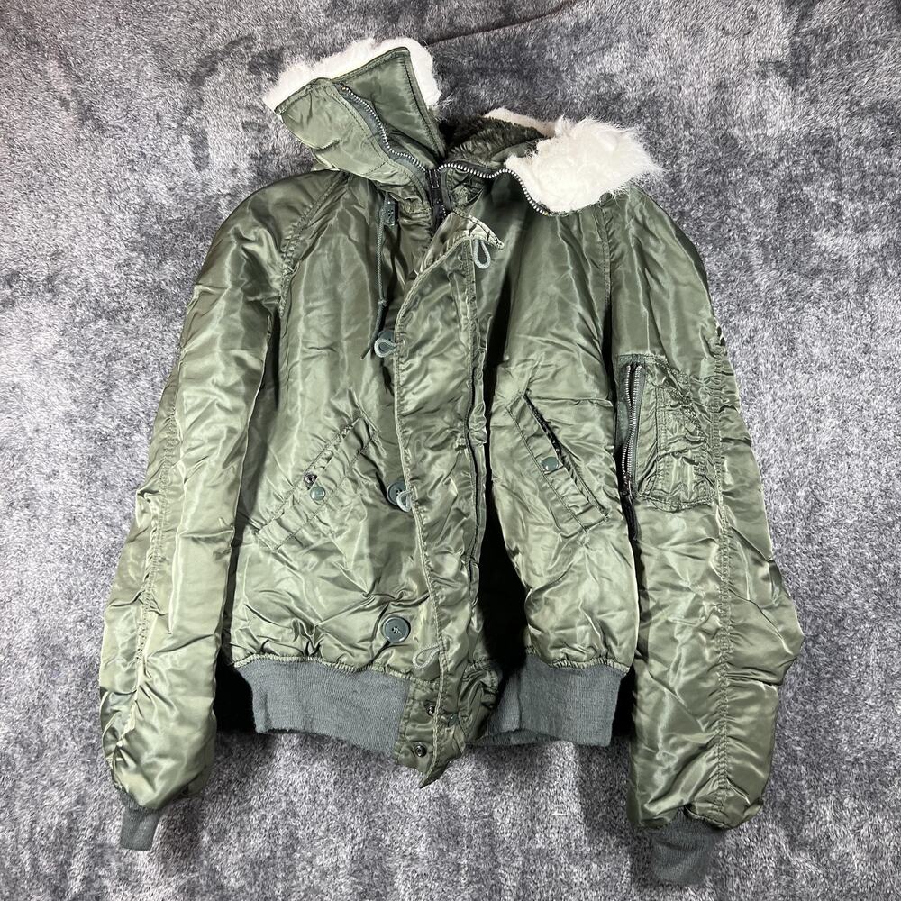 Vintage Alpha Industries Jacket Mens XL Green N-2B Hooded Flight Bomber Made USA